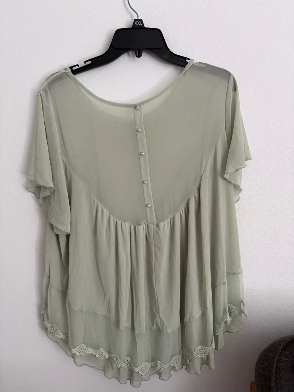 Ultra Pink Light Sage Crochet Yoke Flutter Sleeve Blouse - Picture 5 of 5